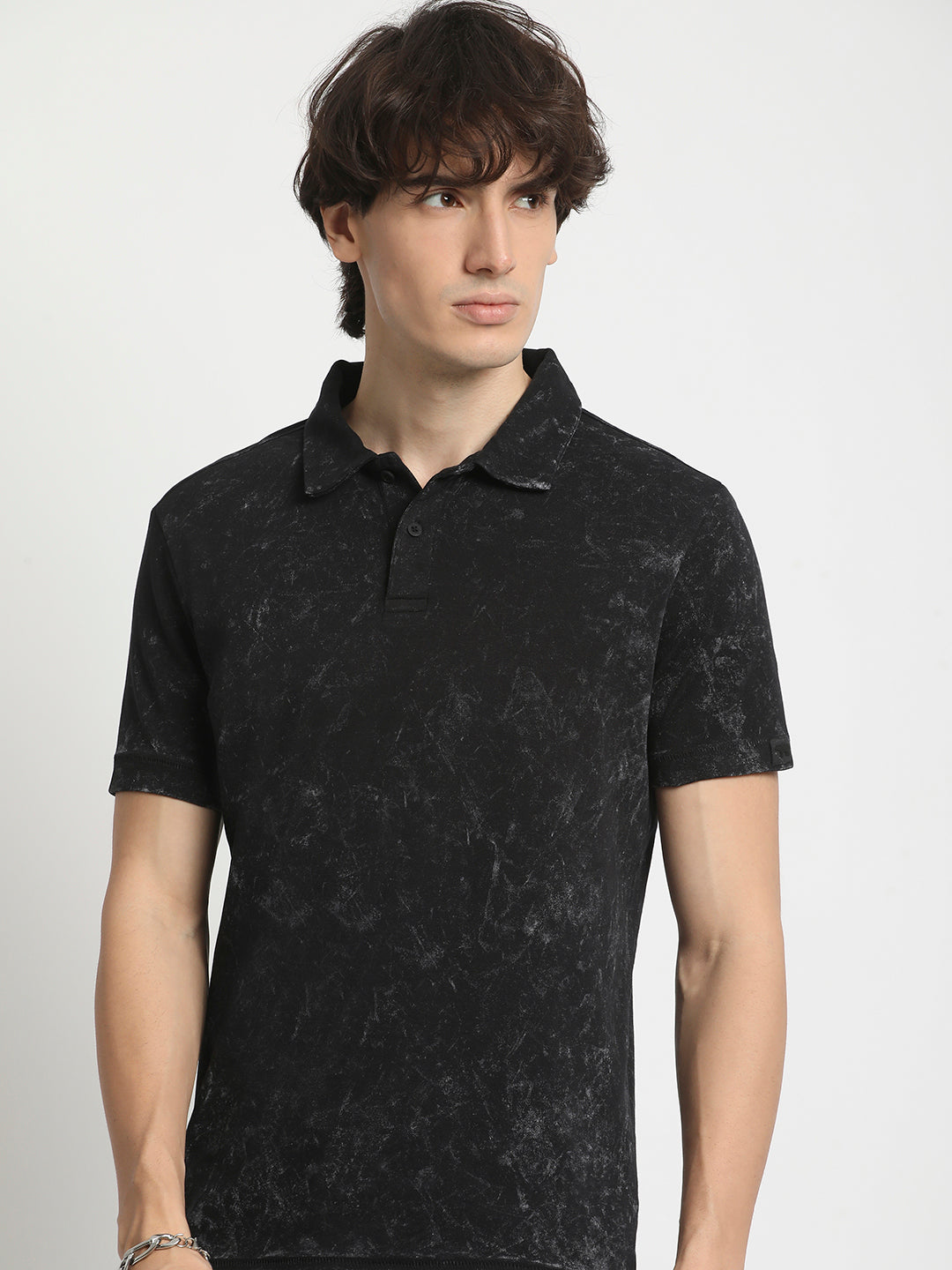 Men  Classic Cotton Blend Acid Wash Polo Neck T-Shirt