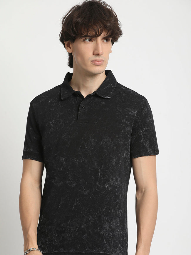 Men  Classic Cotton Blend Acid Wash Polo Neck T-Shirt