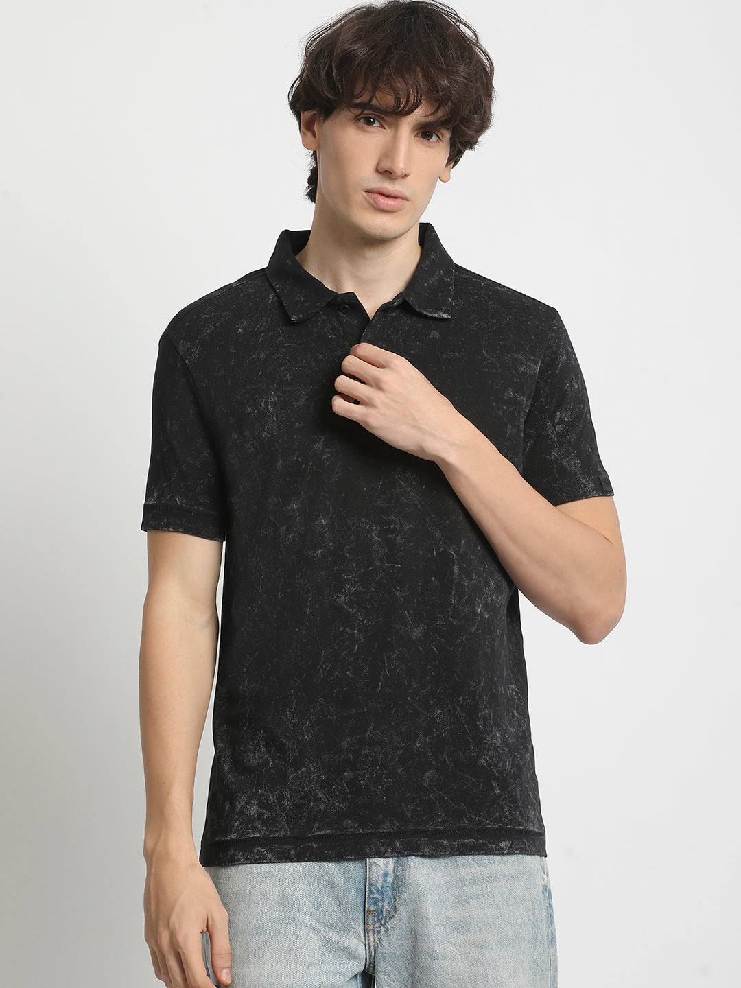 Men  Classic Cotton Blend Acid Wash Polo Neck T-Shirt