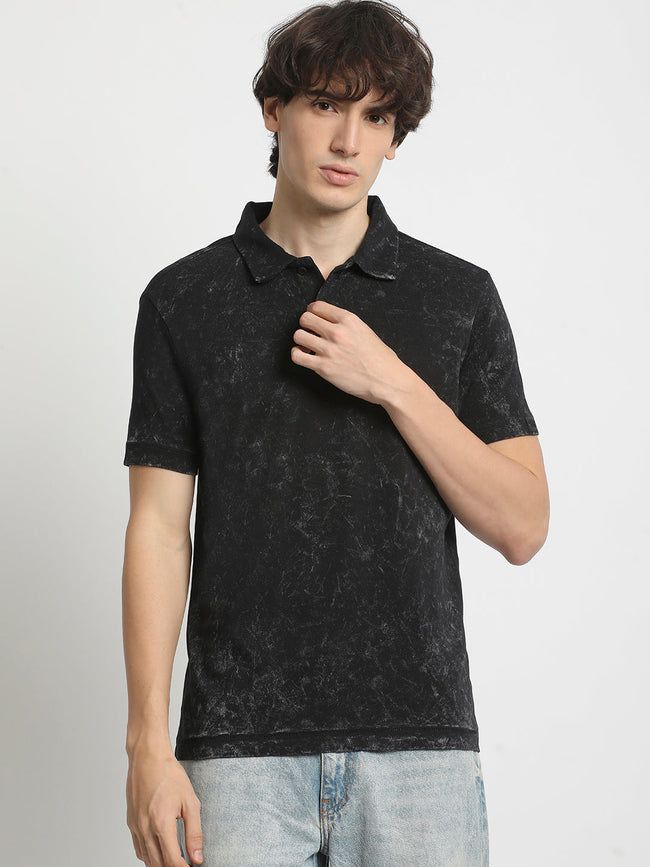 Men  Classic Cotton Blend Acid Wash Polo Neck T-Shirt