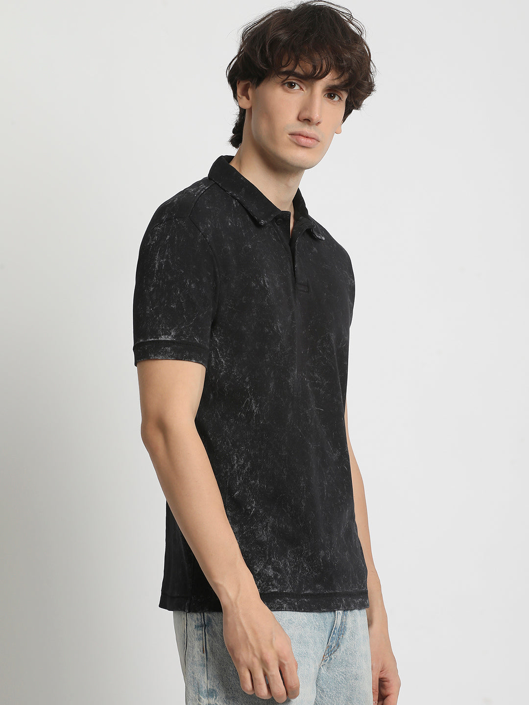 Men  Classic Cotton Blend Acid Wash Polo Neck T-Shirt