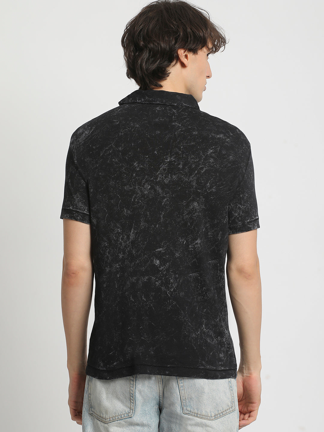 Men  Classic Cotton Blend Acid Wash Polo Neck T-Shirt