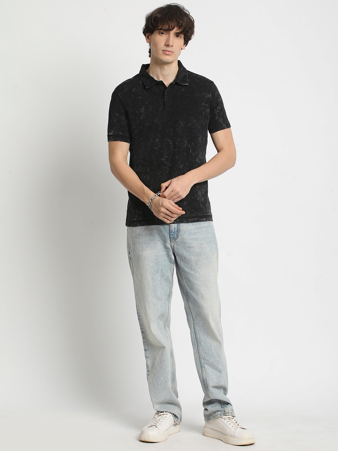 Men  Classic Cotton Blend Acid Wash Polo Neck T-Shirt