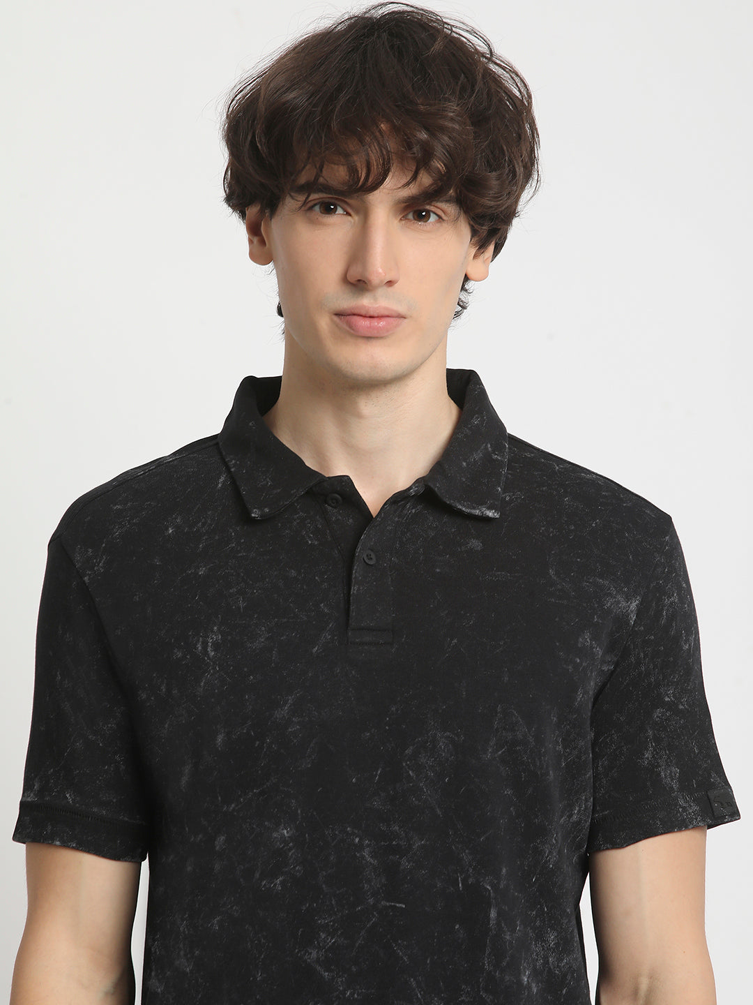 Men  Classic Cotton Blend Acid Wash Polo Neck T-Shirt
