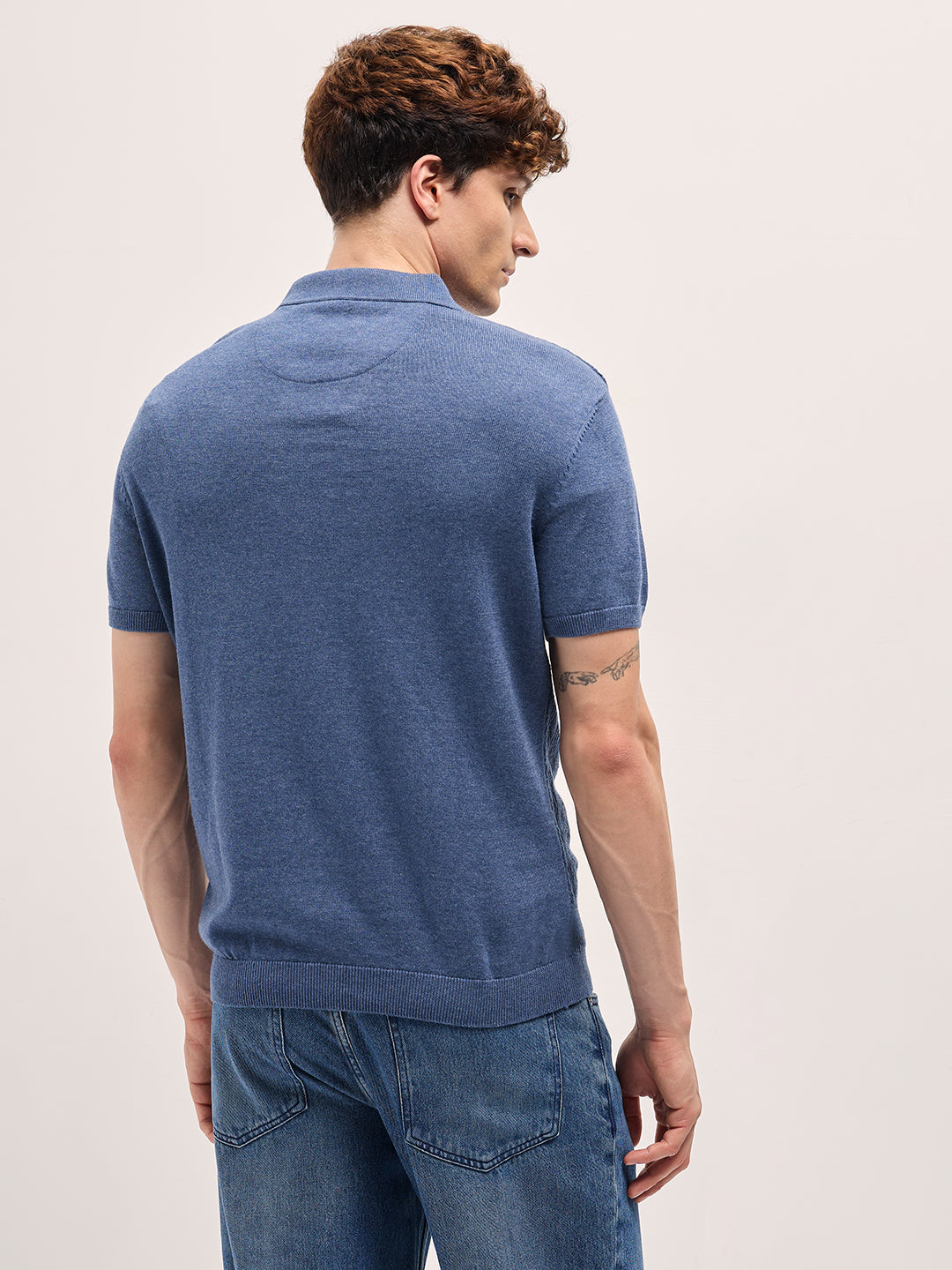 Men Blue Geometric textured Knit Slim Fit Polo