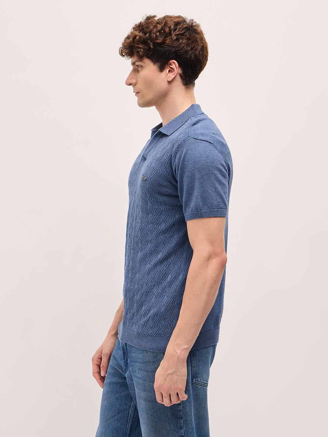 Men Blue Geometric textured Knit Slim Fit Polo