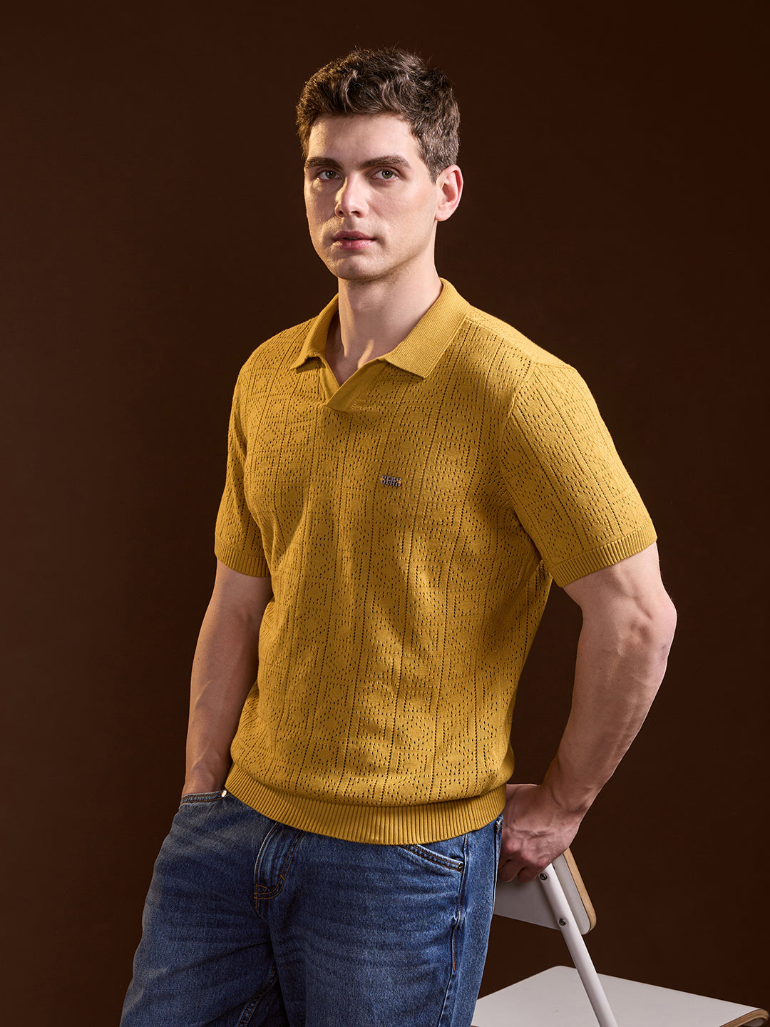 Men Mustard Perforated Texture Design Slim Fit Polo
