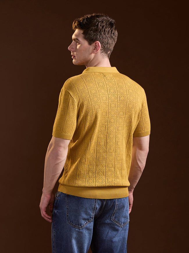 Men Mustard Perforated Texture Design Slim Fit Polo