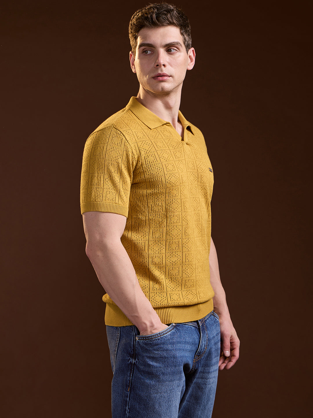 Men Mustard Perforated Texture Design Slim Fit Polo