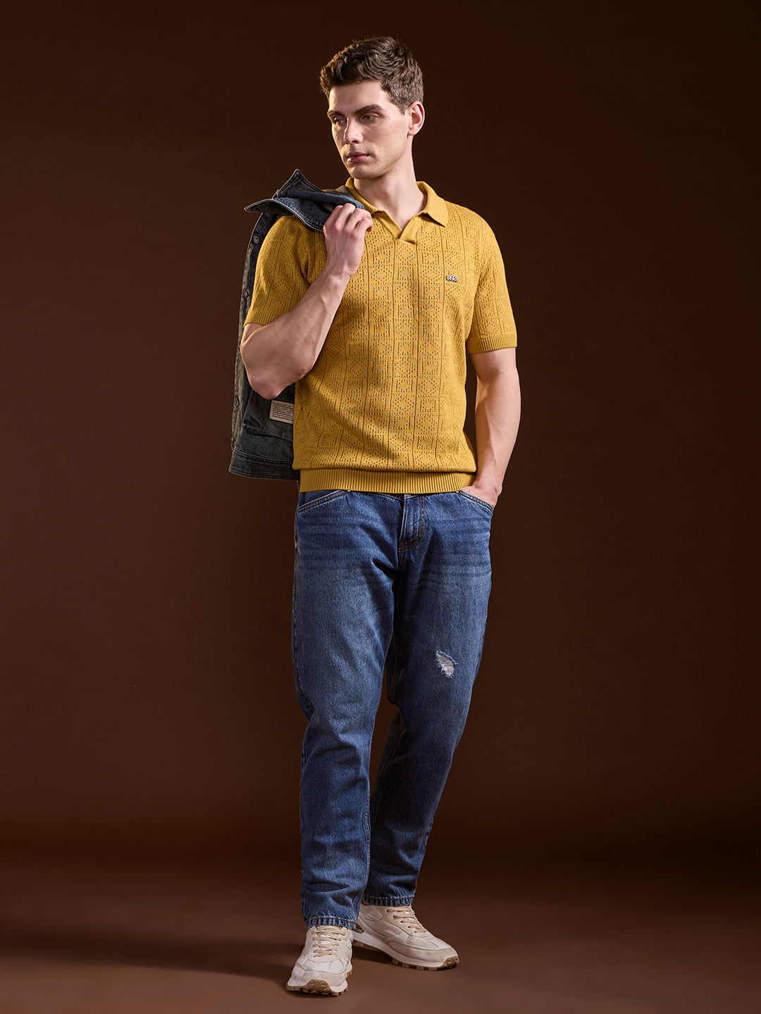 Men Mustard Perforated Texture Design Slim Fit Polo