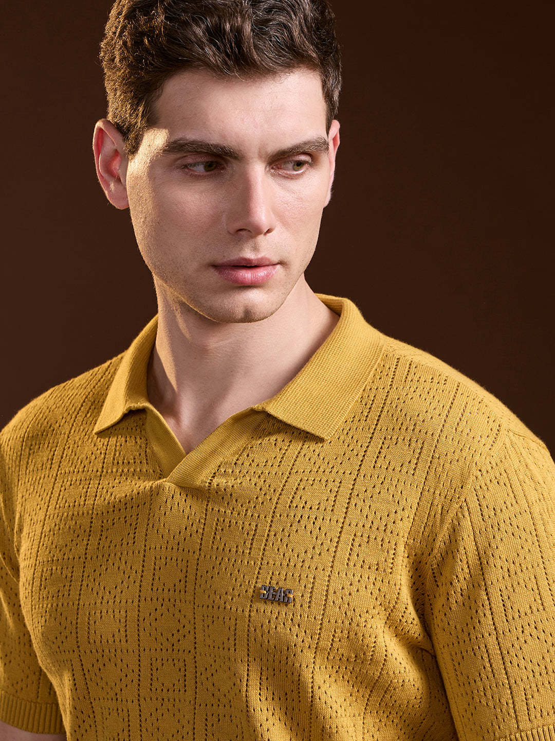 Men Mustard Perforated Texture Design Slim Fit Polo