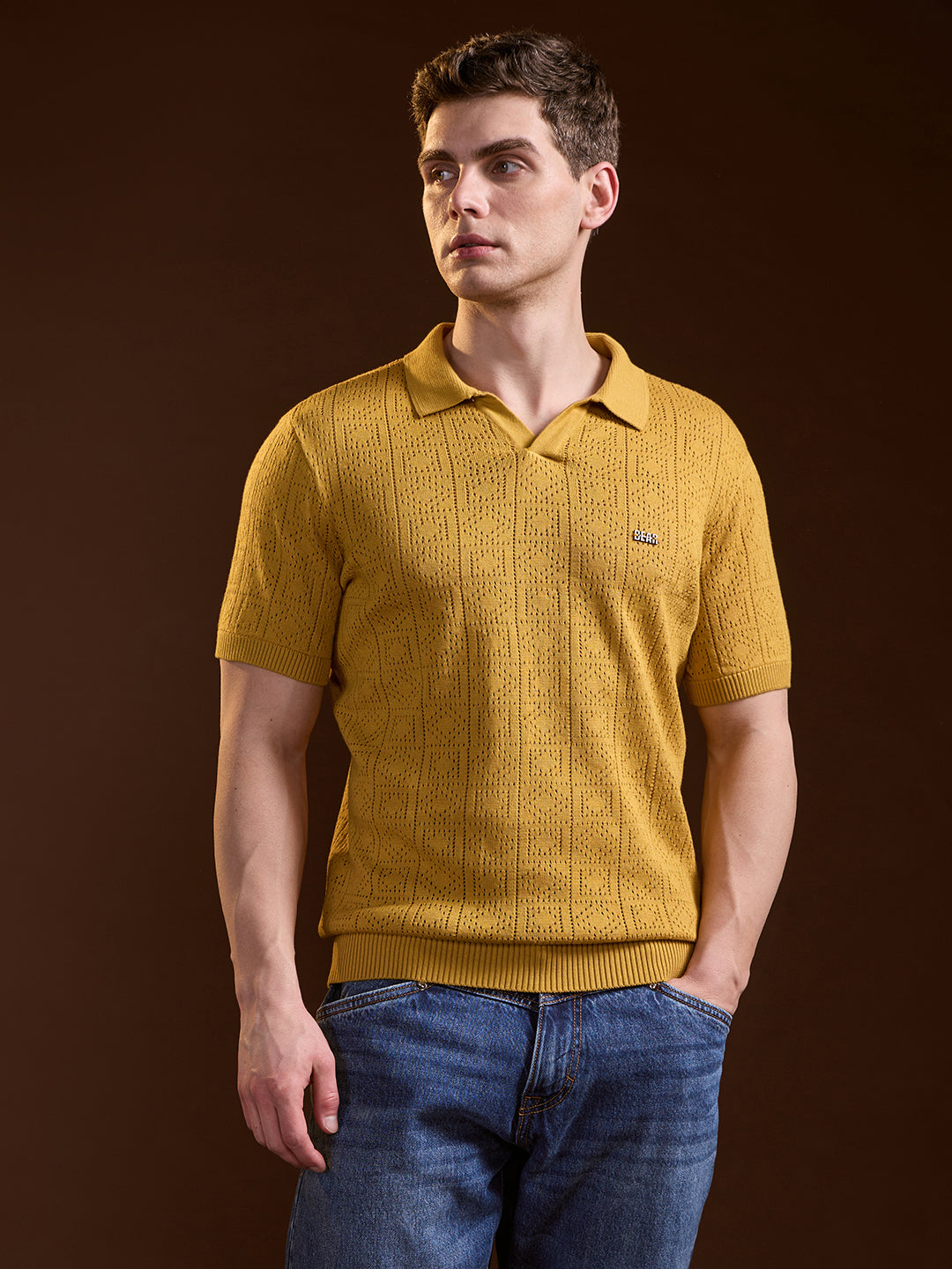Men Mustard Perforated Texture Design Slim Fit Polo