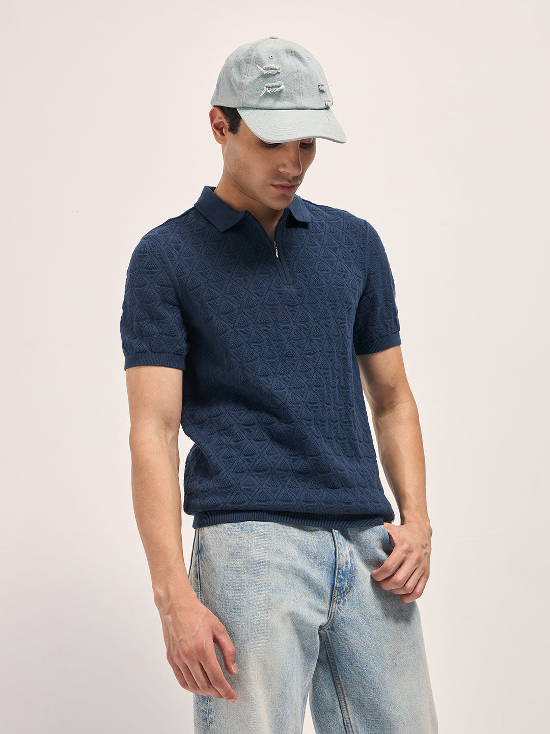 Men Navy Blue Textured Knit Design Regular Fit Polo