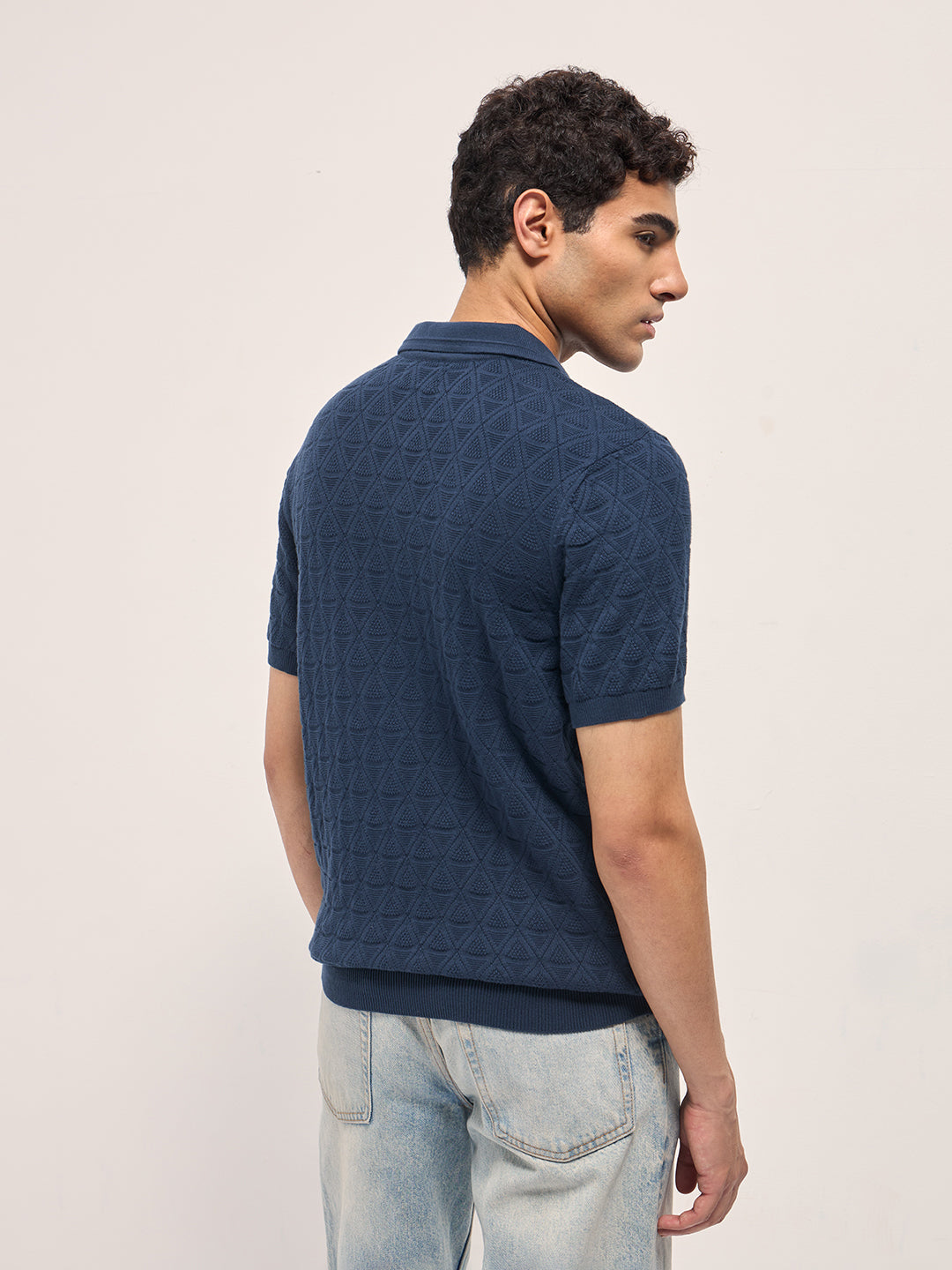 Men Navy Blue Textured Knit Design Regular Fit Polo