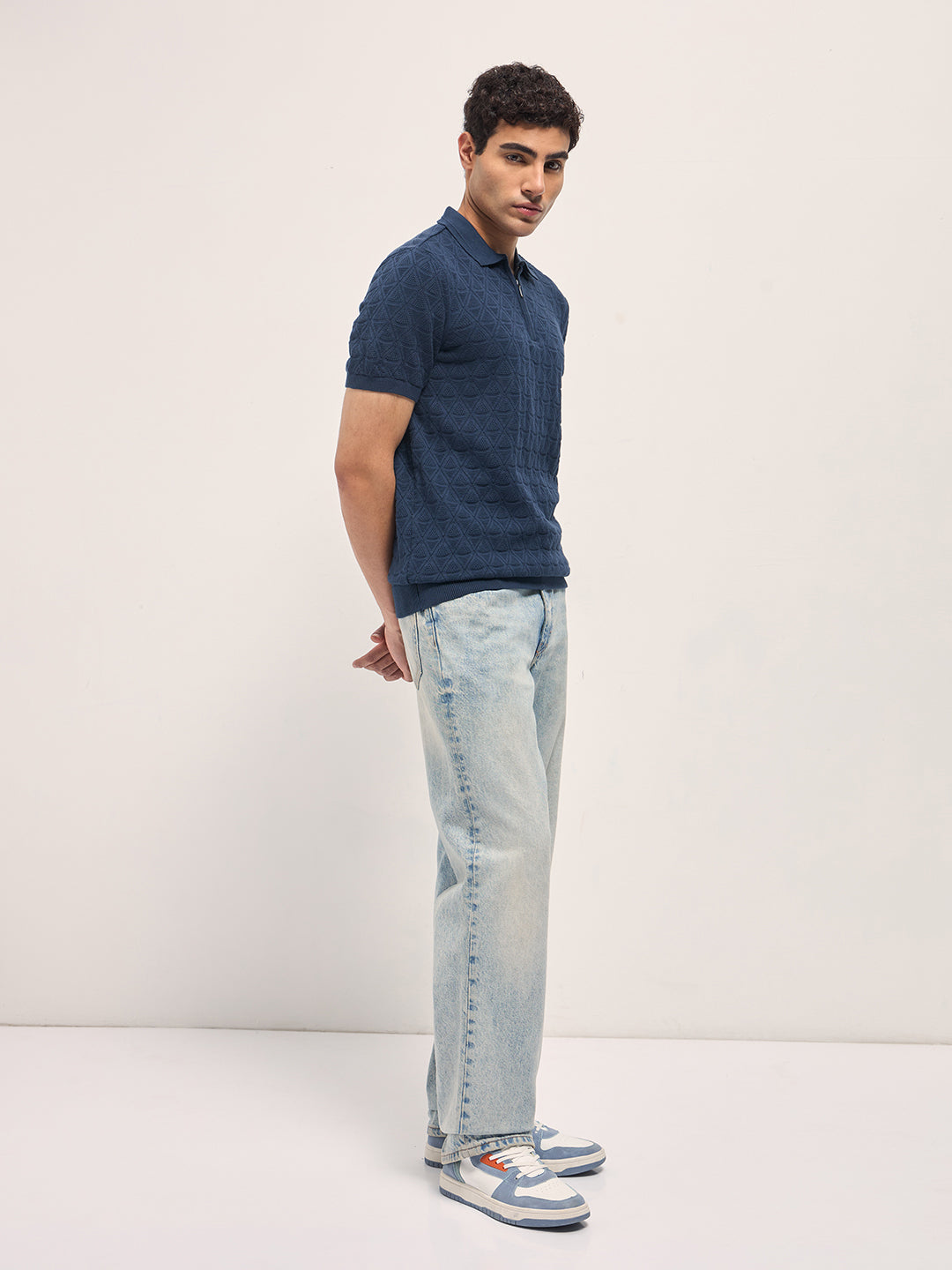 Men Navy Blue Textured Knit Design Regular Fit Polo