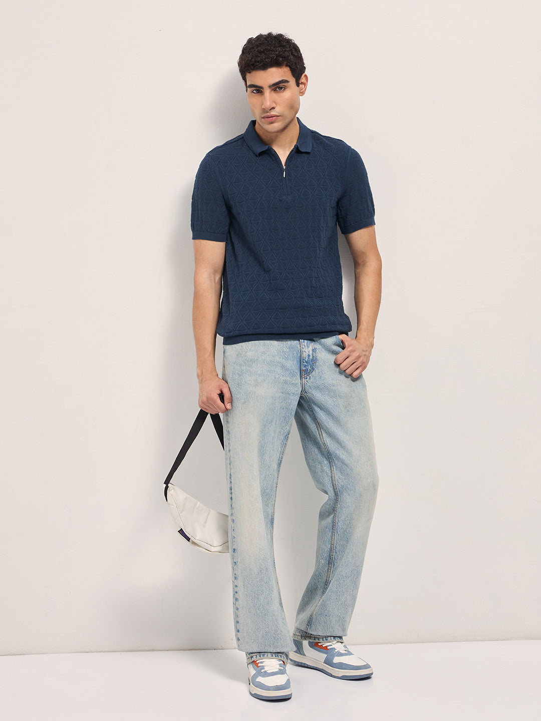 Men Navy Blue Textured Knit Design Regular Fit Polo