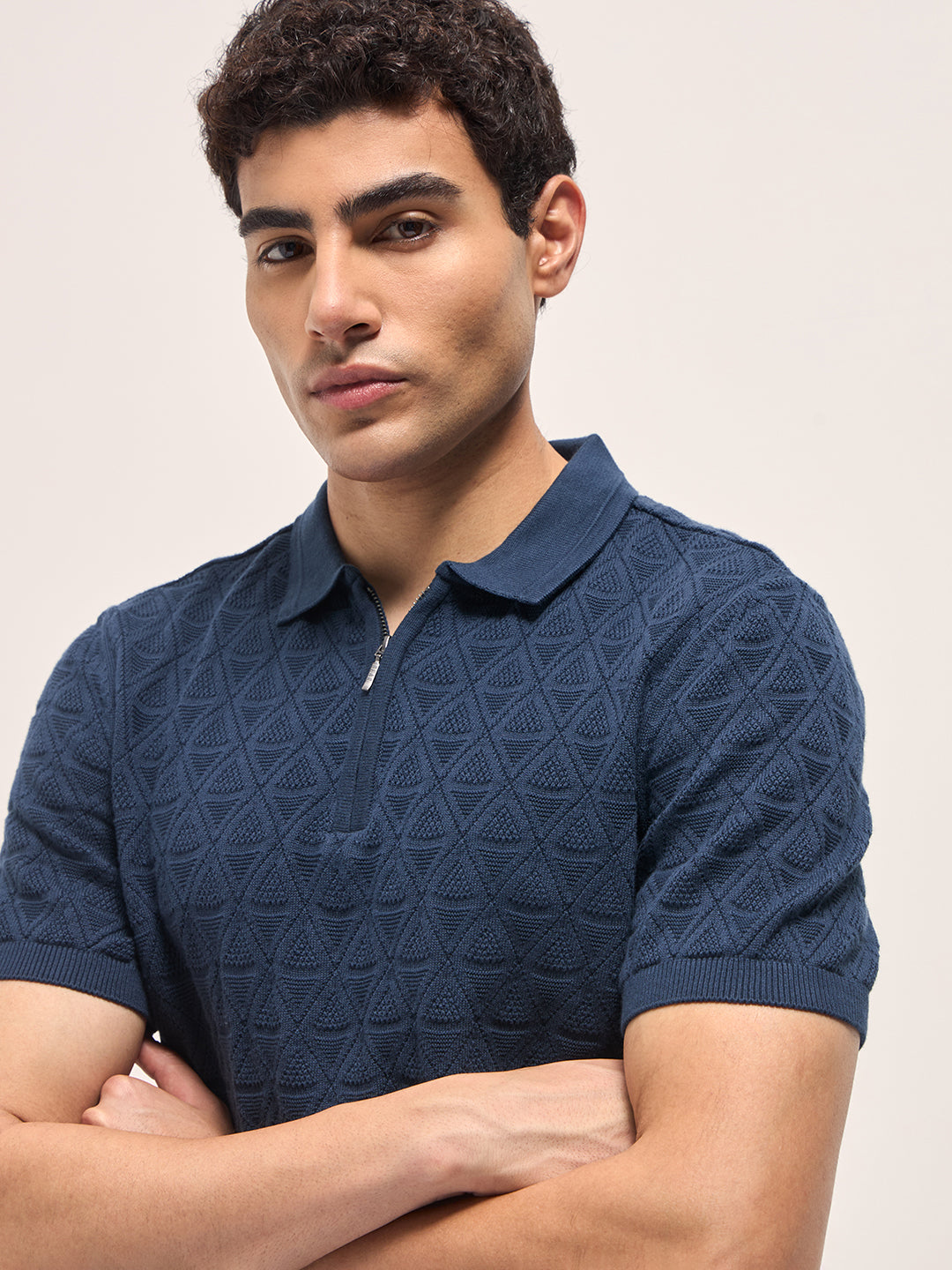 Men Navy Blue Textured Knit Design Regular Fit Polo