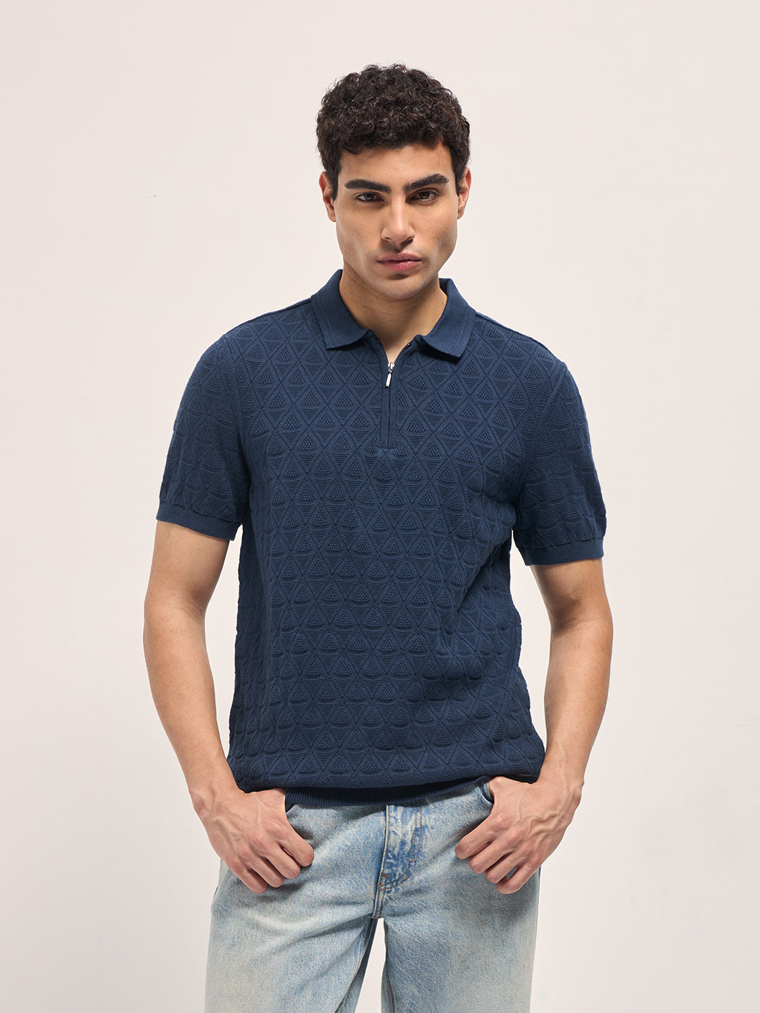 Men Navy Blue Textured Knit Design Regular Fit Polo