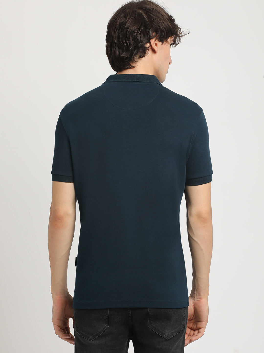 Men Blue Solid Regular Fit Polo Collar Tshirt