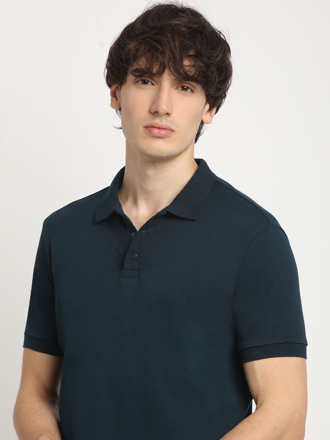 Men Blue Solid Regular Fit Polo Collar Tshirt