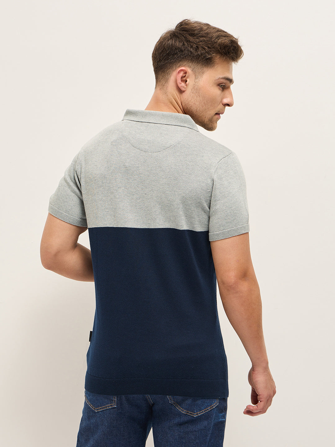 Men Grey and Navy Textured Knit Regular Fit Polo T-shirt