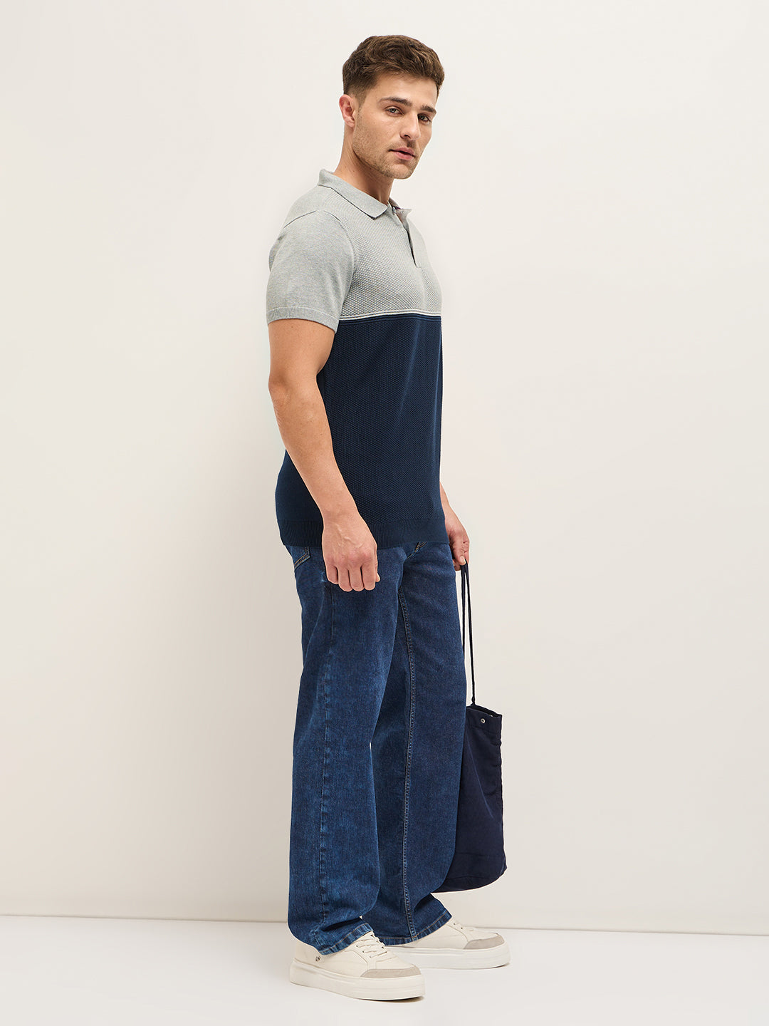 Men Grey and Navy Textured Knit Regular Fit Polo T-shirt