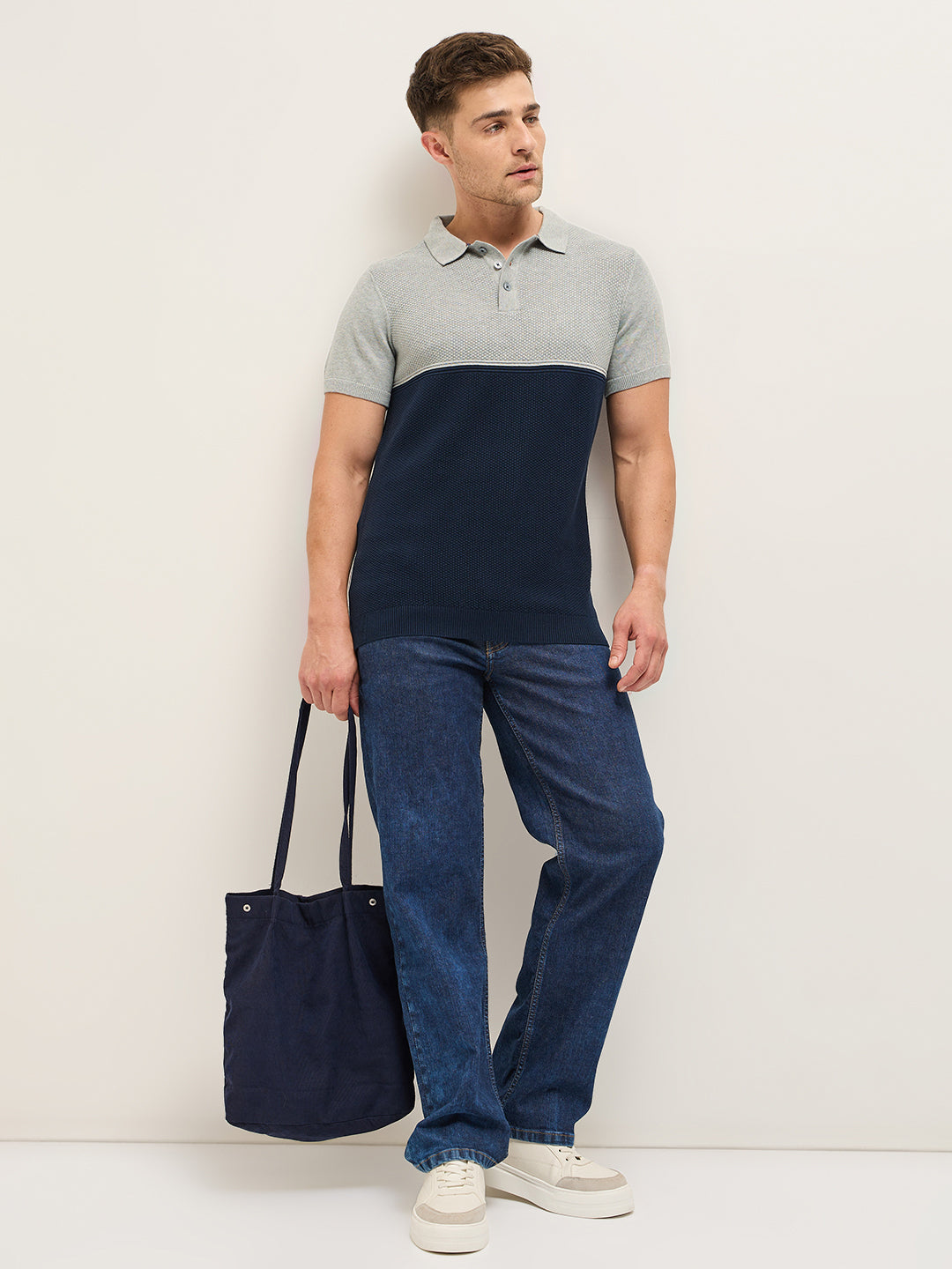Men Grey and Navy Textured Knit Regular Fit Polo T-shirt