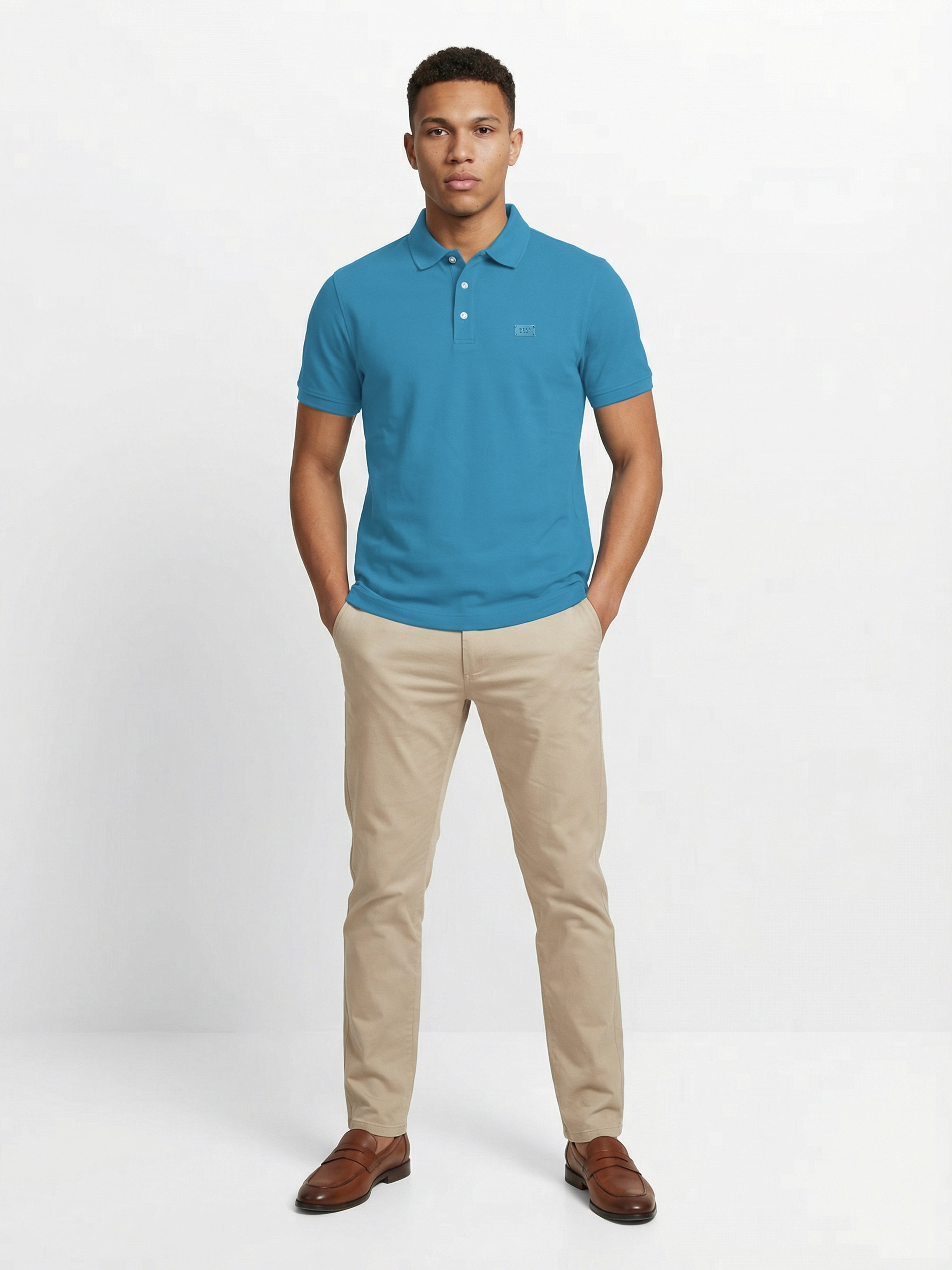 Men Teal Solid Cotton Polo T-Shirt