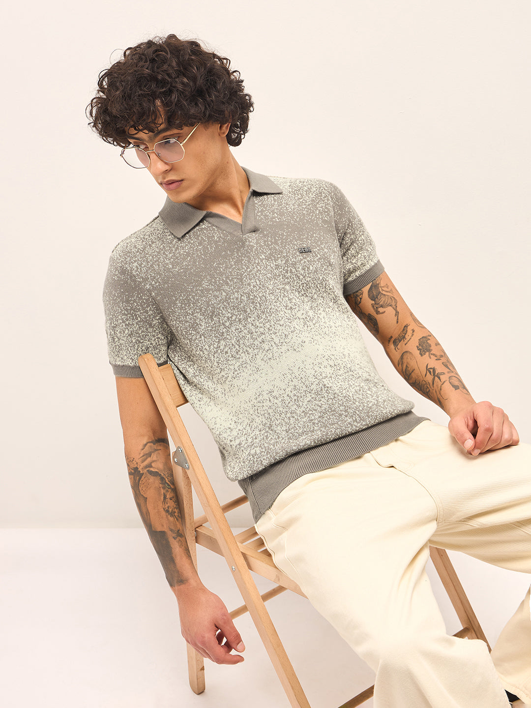 Men Beige and Grey Gradient speckled design Slim Fit Polo
