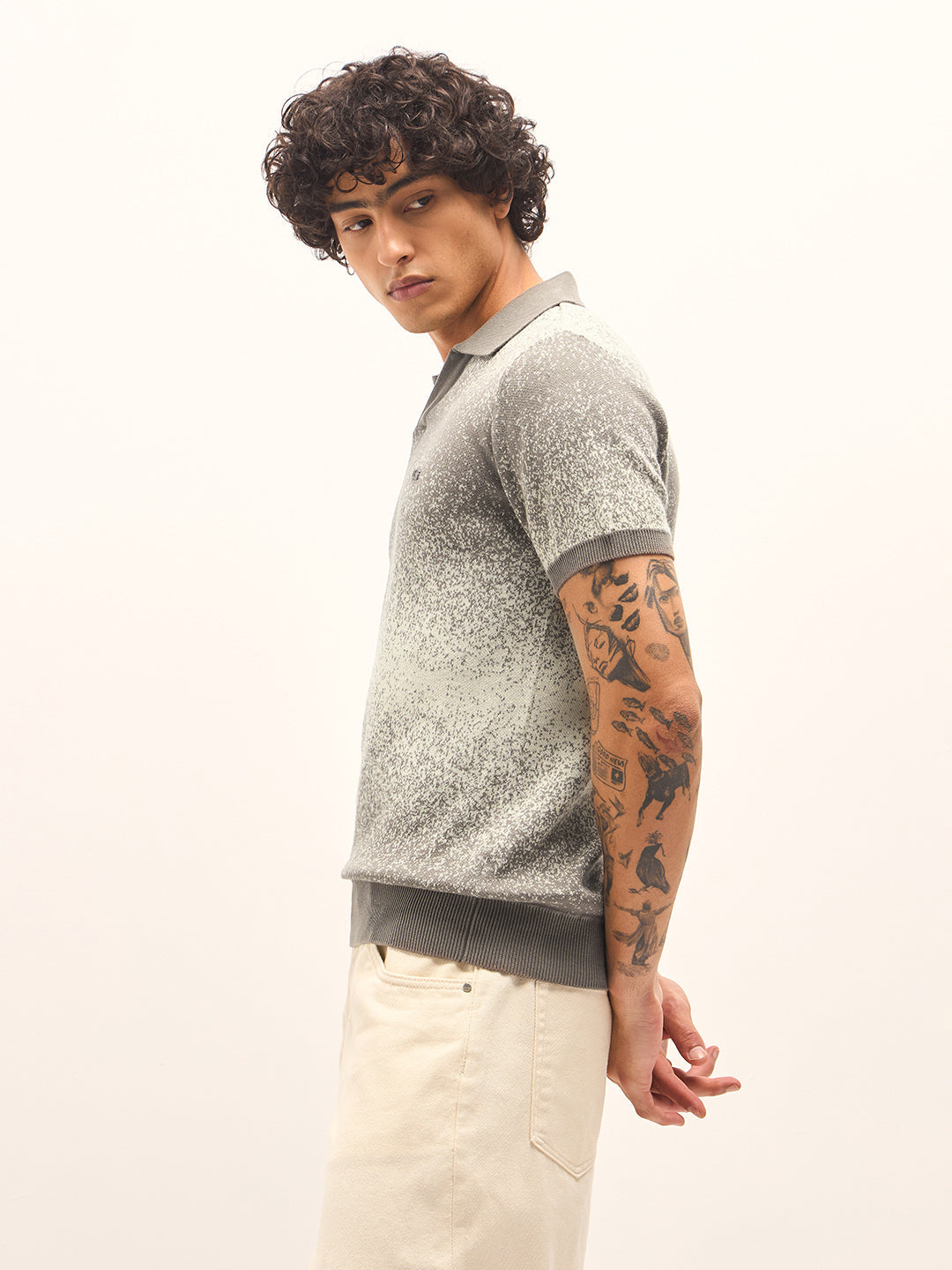 Men Beige and Grey Gradient speckled design Slim Fit Polo