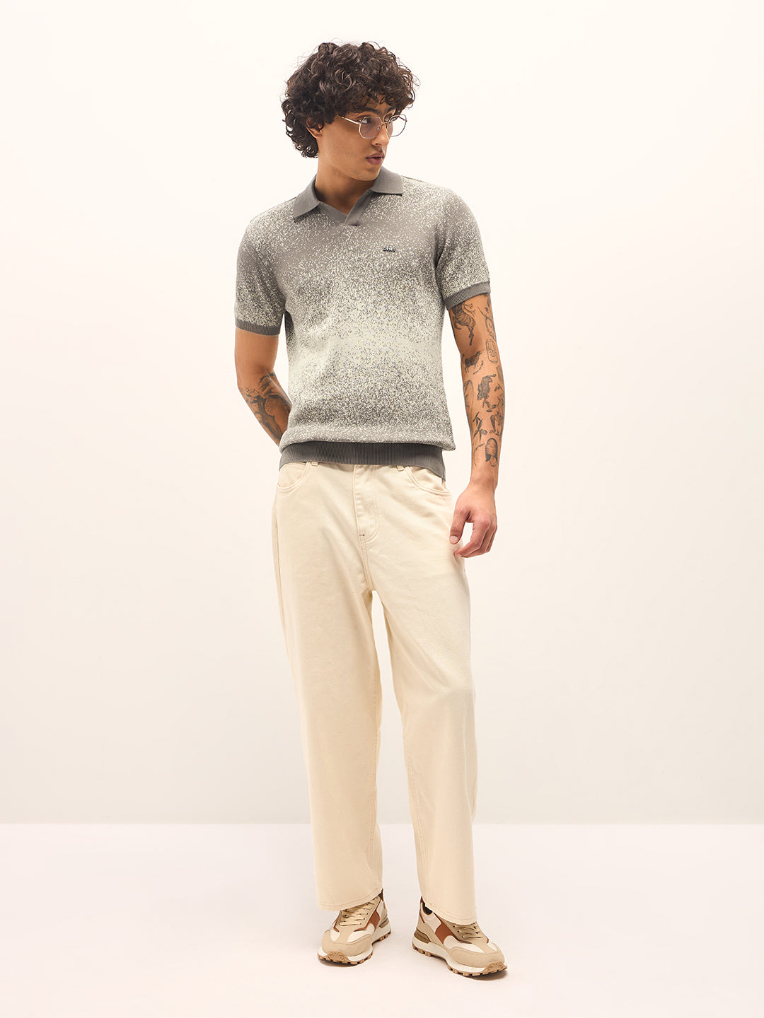 Men Beige and Grey Gradient speckled design Slim Fit Polo