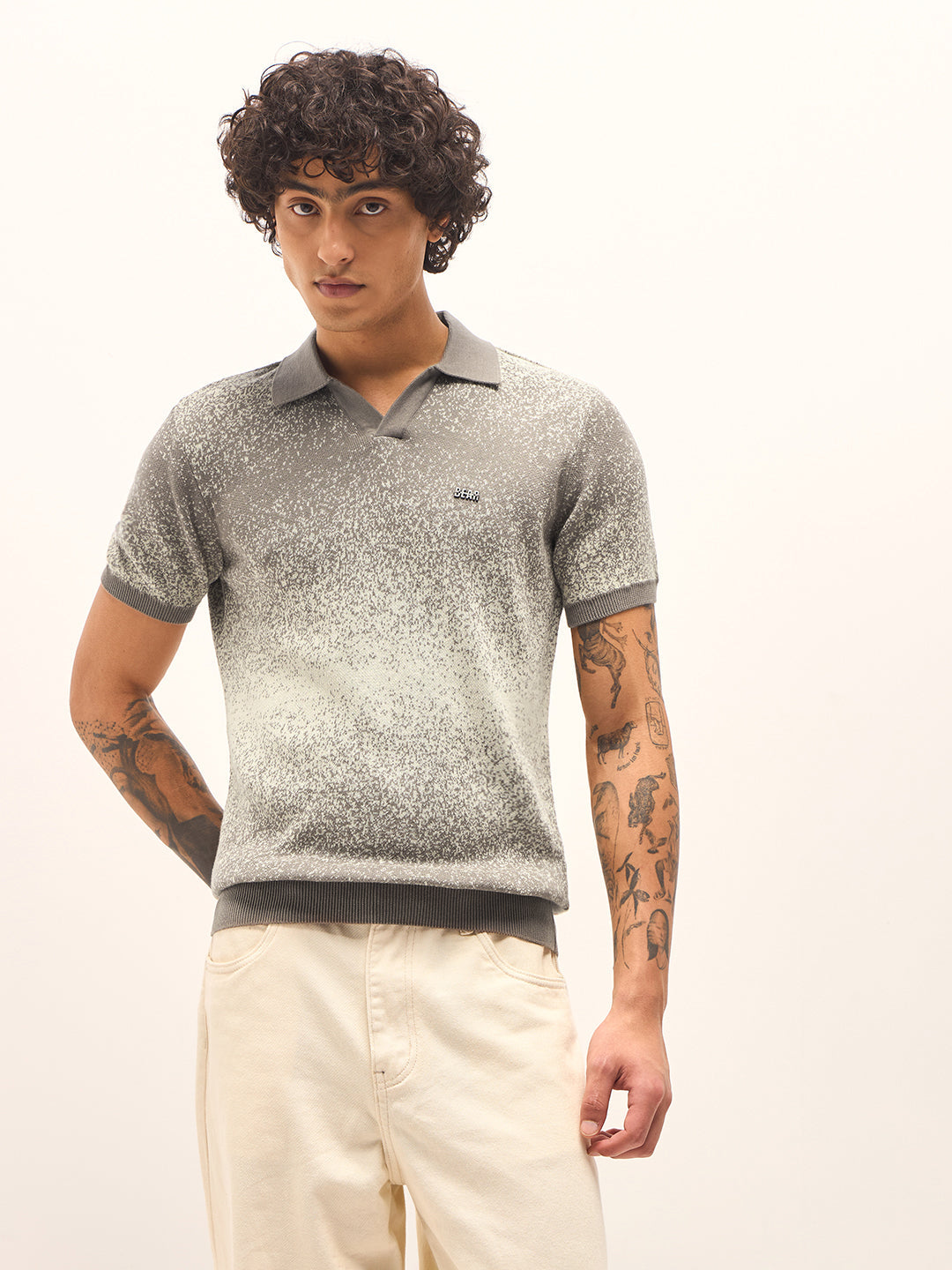 Men Beige and Grey Gradient speckled design Slim Fit Polo