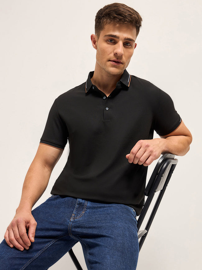 Men BlackContrast Piping Slim Fit Polo T-shirt
