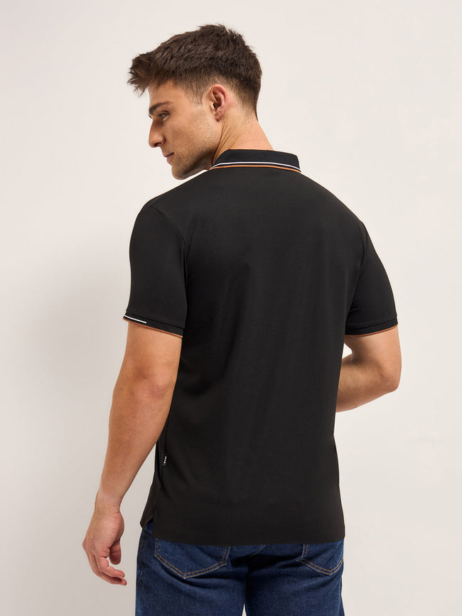 Men BlackContrast Piping Slim Fit Polo T-shirt