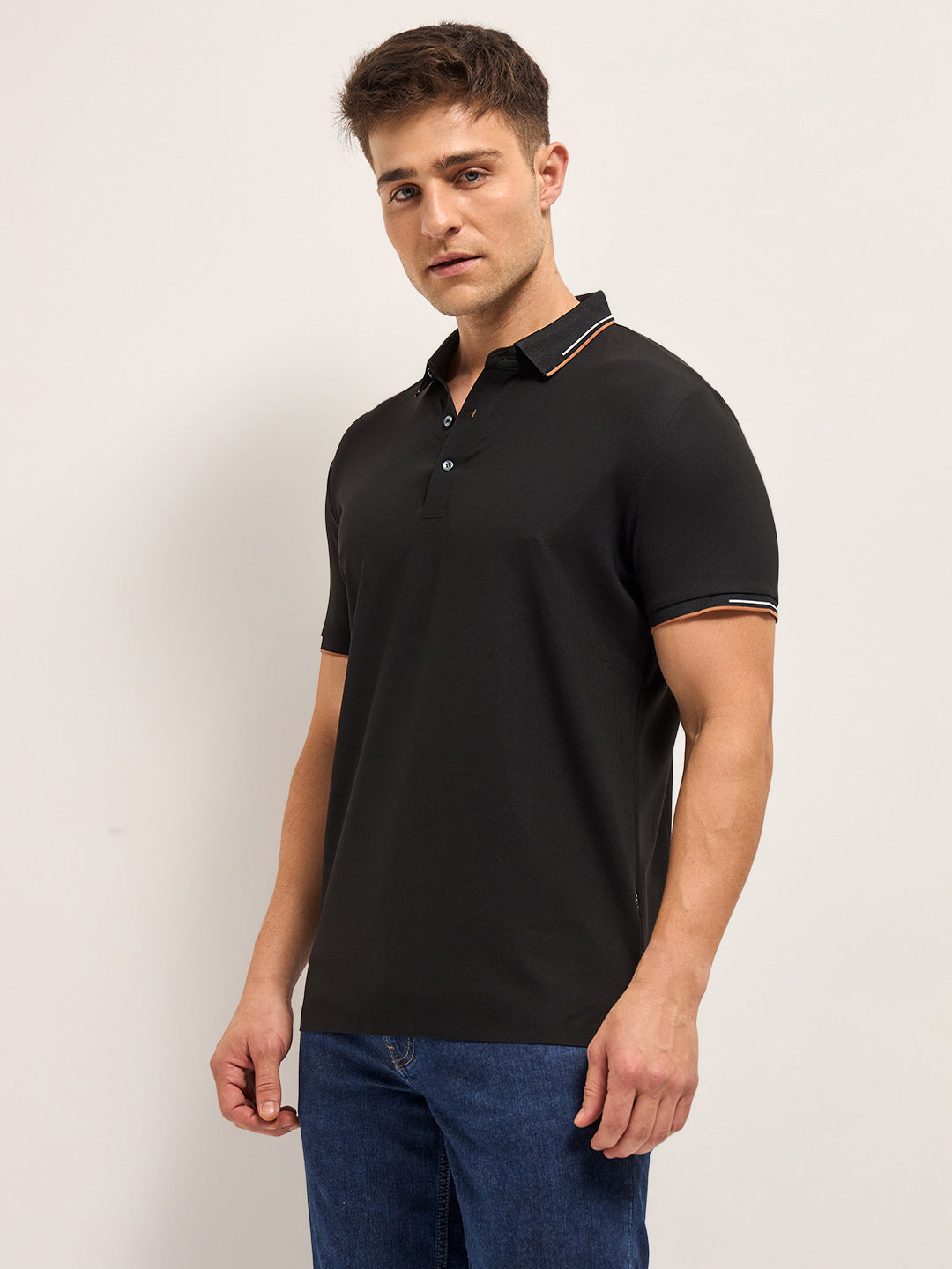 Men BlackContrast Piping Slim Fit Polo T-shirt