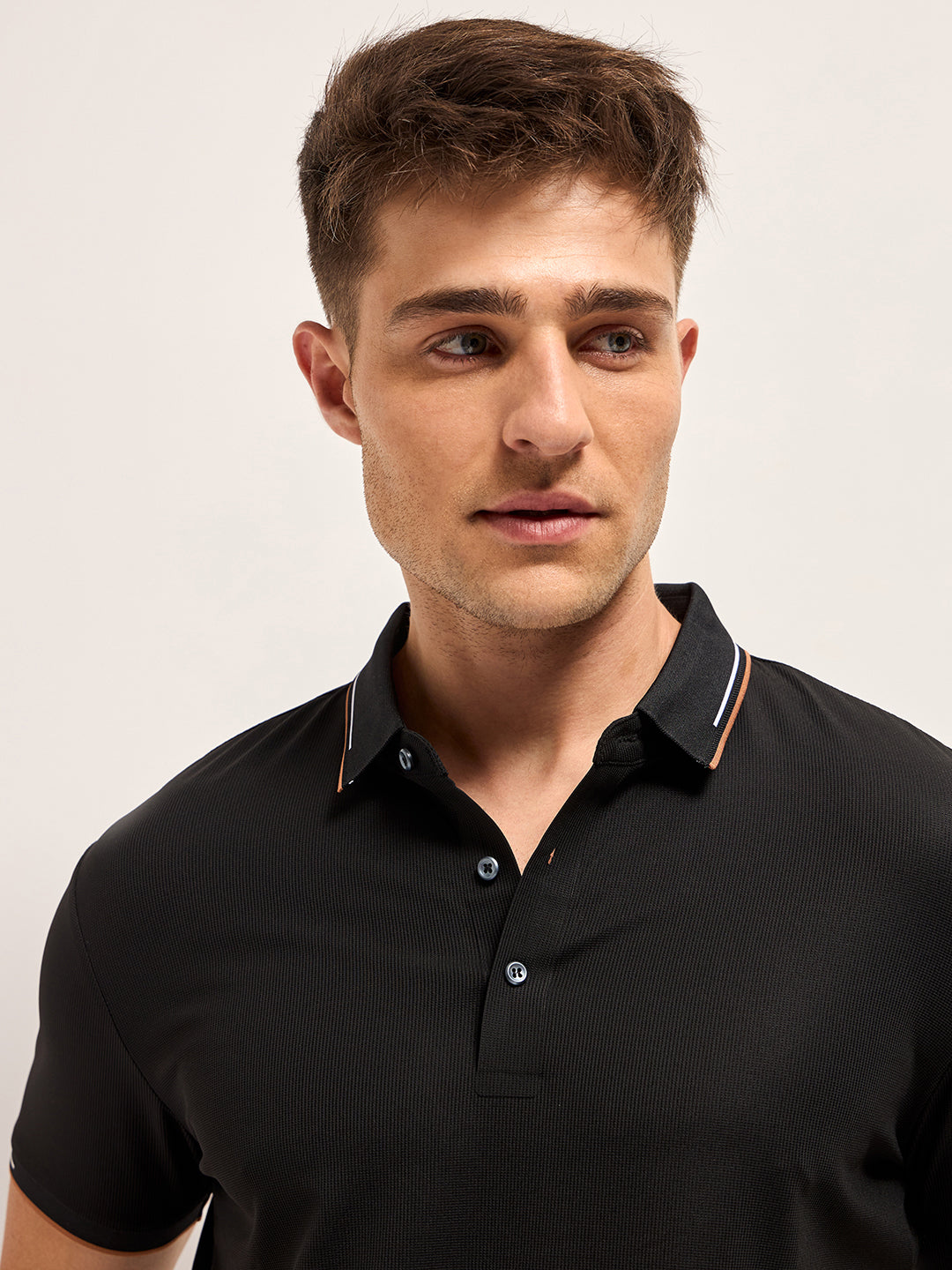 Men BlackContrast Piping Slim Fit Polo T-shirt