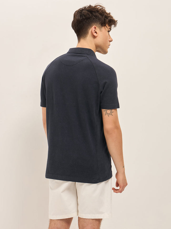 Men Blue Solid Regular Fit Polo Collar T-shirt