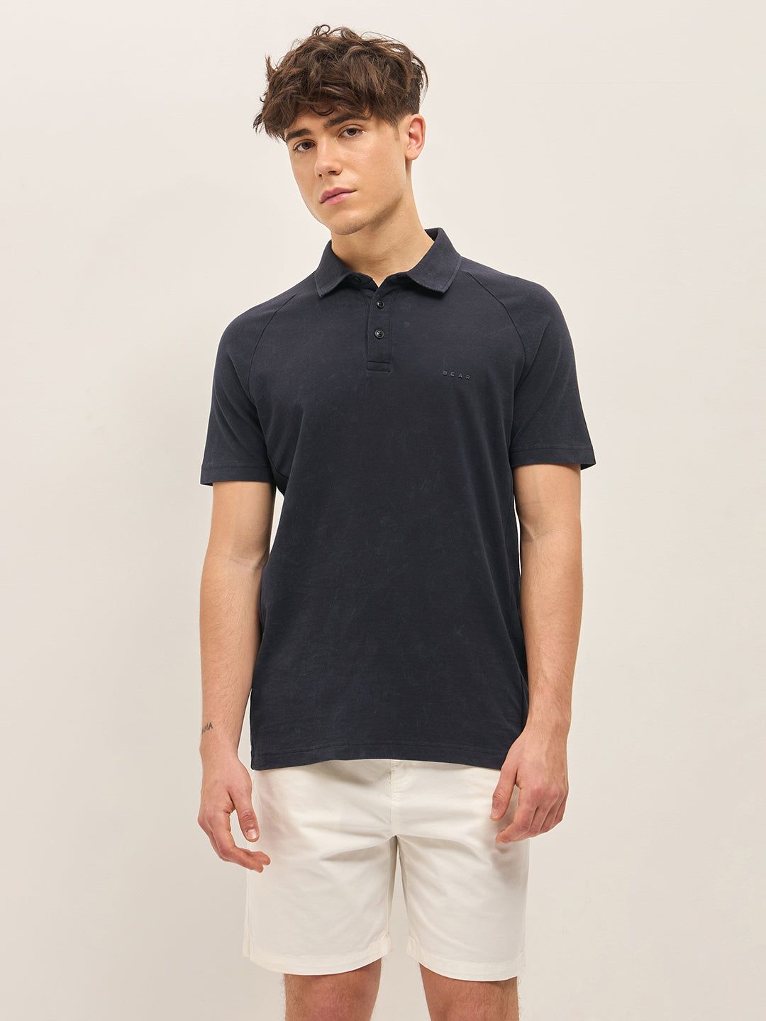 Men Blue Solid Regular Fit Polo Collar T-shirt