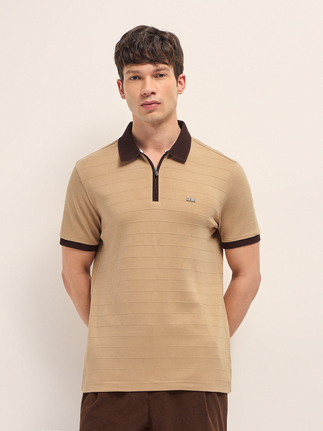 Men Cotton Knitted Striped Polo T-Shirt