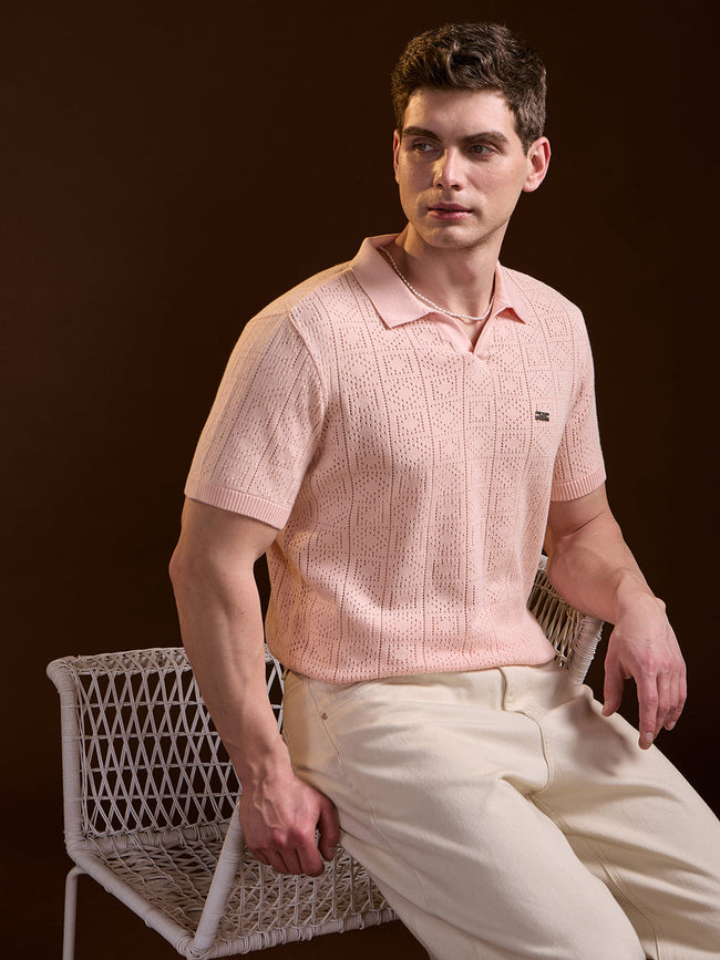 Men Peach Perforated Texture Design Slim Fit Polo