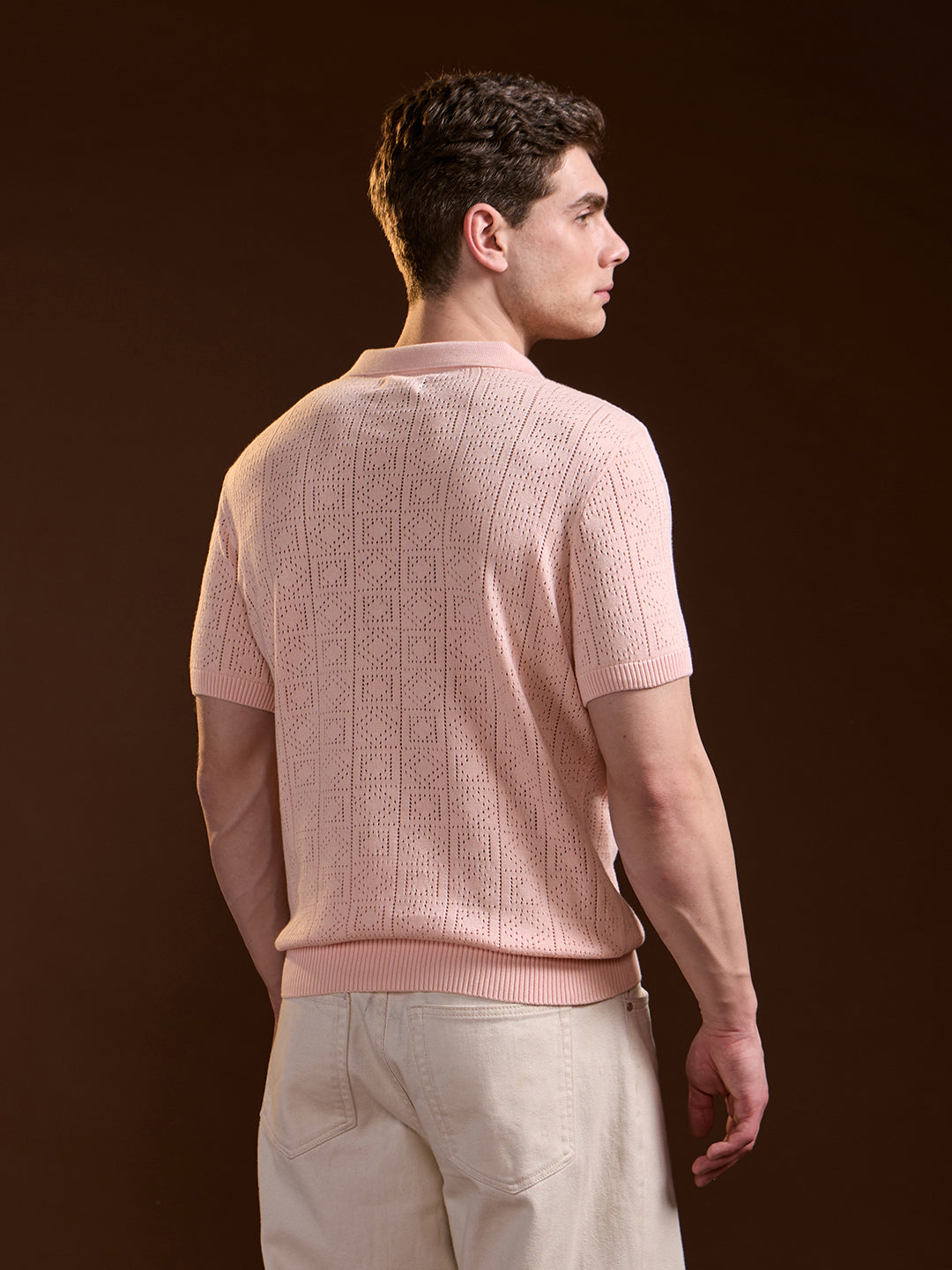 Men Peach Perforated Texture Design Slim Fit Polo