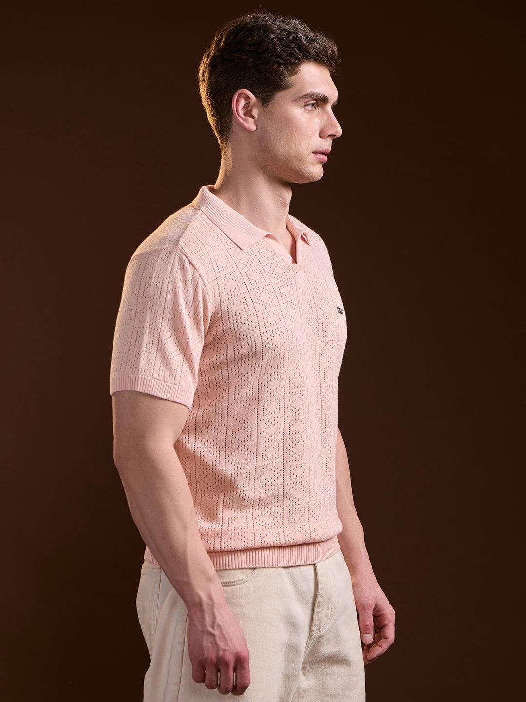 Men Peach Perforated Texture Design Slim Fit Polo