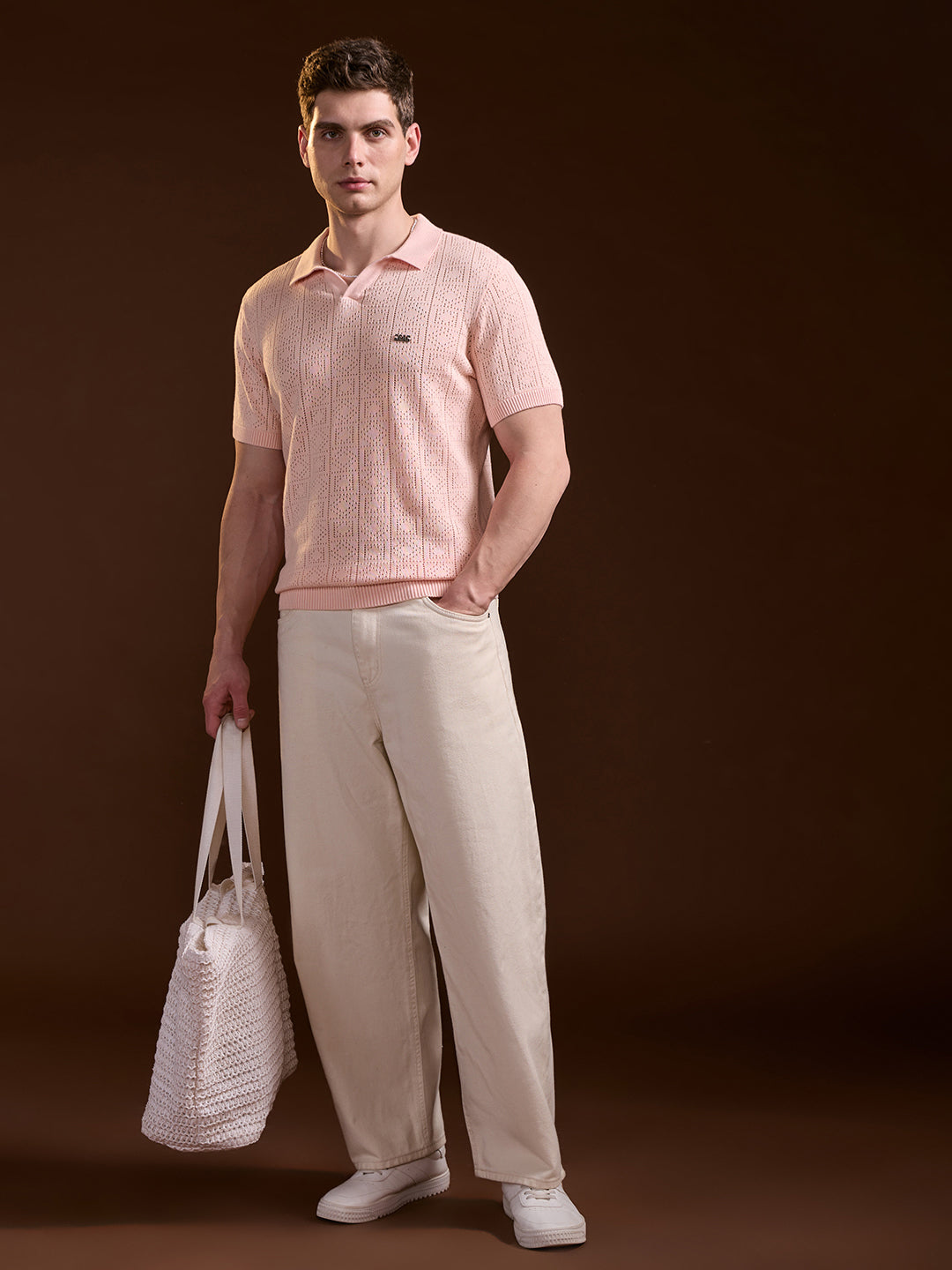 Men Peach Perforated Texture Design Slim Fit Polo