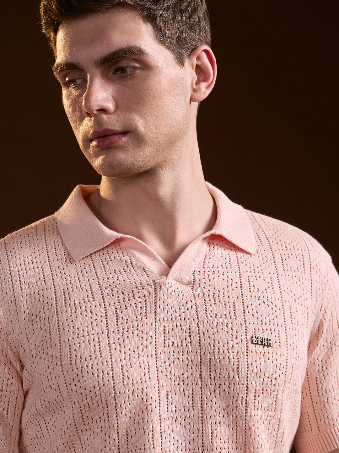 Men Peach Perforated Texture Design Slim Fit Polo
