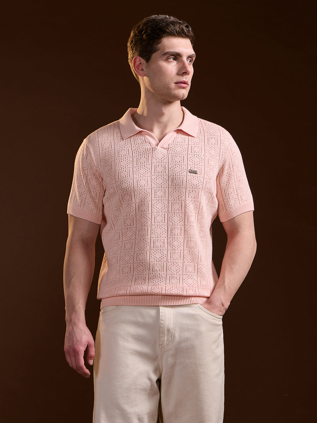 Men Peach Perforated Texture Design Slim Fit Polo