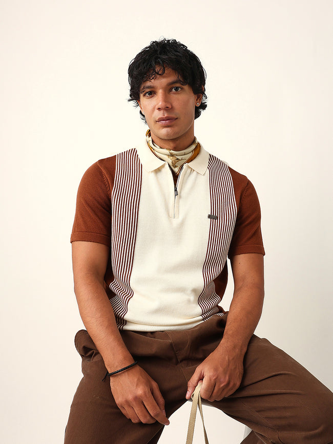 Men Brown Striped Cotton T-Shirt
