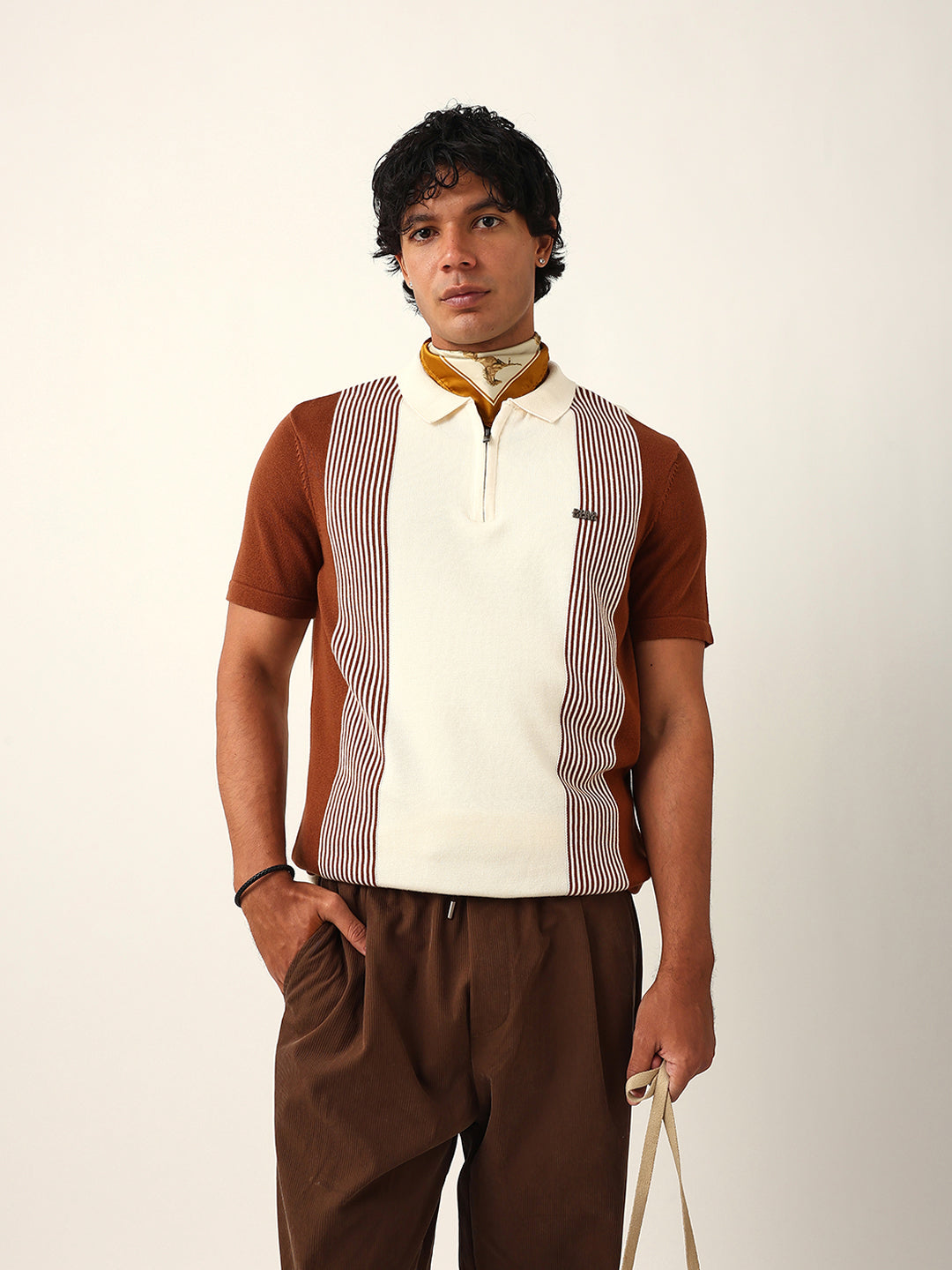 Men Brown Striped Cotton T-Shirt