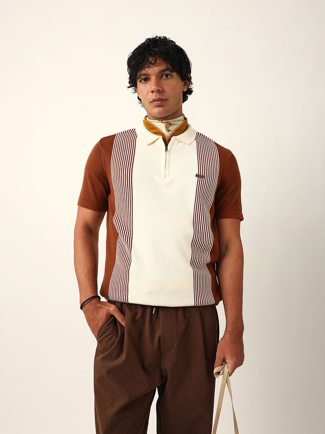 Men Brown Striped Cotton T-Shirt