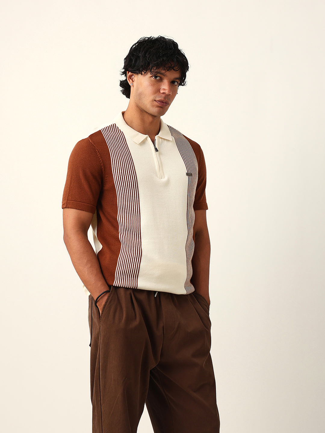 Men Brown Striped Cotton T-Shirt