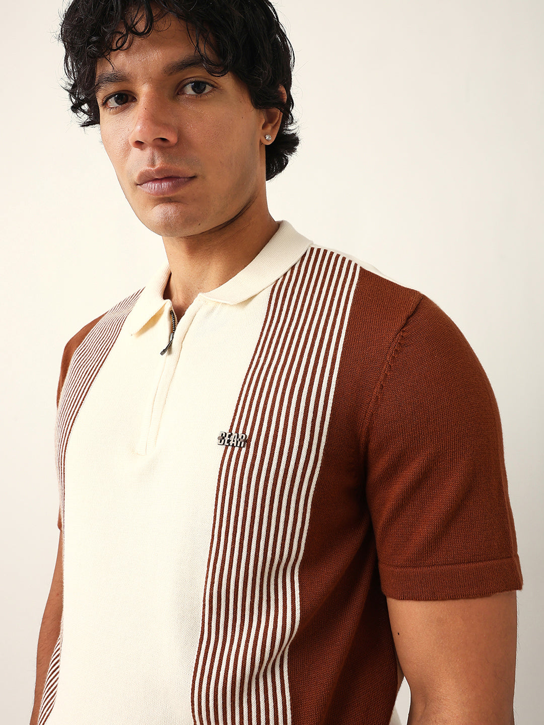 Men Brown Striped Cotton T-Shirt